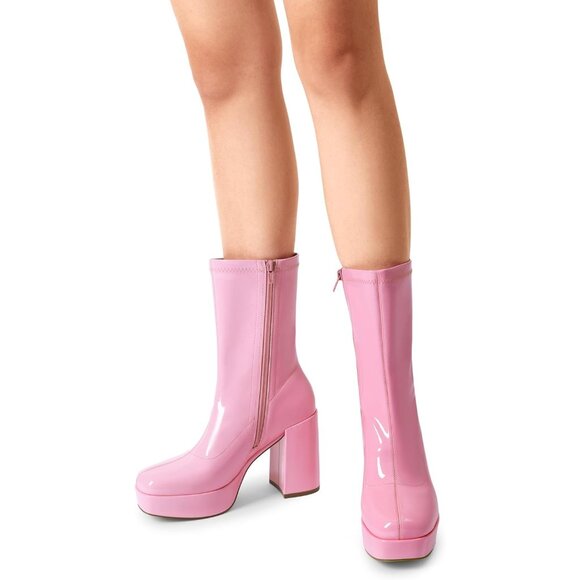 ⚡Dream Pair Women Pink Faux Leather Mid Calf Platform Block Heel Ankle Boot - Picture 7 of 7